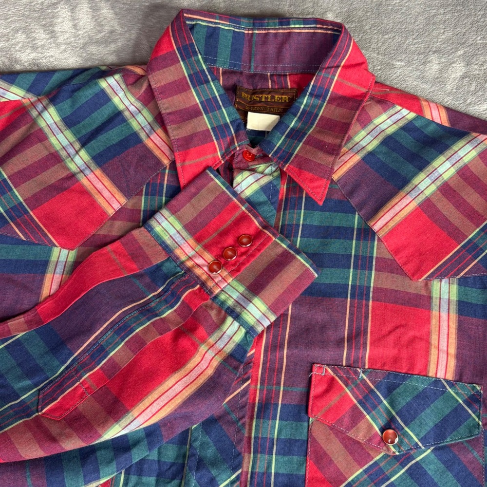 Rustler Western Shirt Mens 16 32/33 Red Plaid Pearl Snap Long Tail Vintage